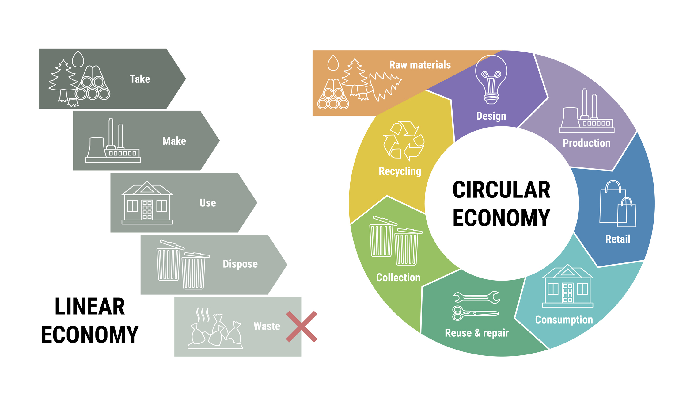 Comparison Of Linear And Circular Economy Infographic. Scheme Of Product Life Cycle From Raw Material To Production, Consumption And Recycling Instead Of Waste. Flat Line Vector Illustration